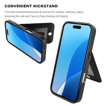KIHUWEY for iPhone 16 Pro Wallet Case Card Holder Kickstand, Carbon Black | Credit Card Slots, PU Leather, Magnetic Clasp, Flip Heavy Duty Protection Cover for Men and Women - color: Carbon Black