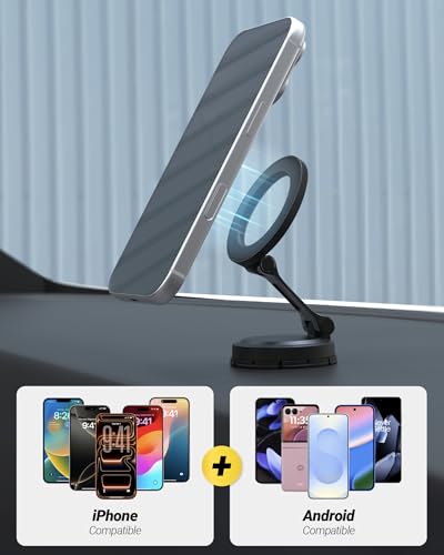 Scosche MagSafe Car Mount, Magnetic Phone Holder for Car Dashboard & Windshield with Foldable Arm, Adhesive Swivel Base with 360° Rotation, Compatible with iPhone 17/16/15/14/13/12 and PopSockets