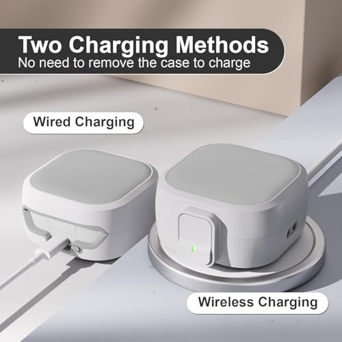 for Samsung Galaxy Buds 4 Pro/Buds 4 Case (2026) with Secure Safety Lock Clip,Shockproof Scratch-Resistant Hybrid PC+TPU Soft Shell Protective Cover Accessories with Carabiner&Cleaning Pen(White) - color: White Edge-Grey