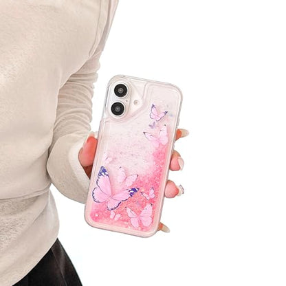 Compatible with iPhone 17 Pro Glitter Butterfly Case Glow in The Dark Women Girls Girly Bling Sparkle Flowing Quicksand Light up Soft TPU Bumper Luminous Clear Phone Cover, Purple - color: Pink, size: iPhone 17
