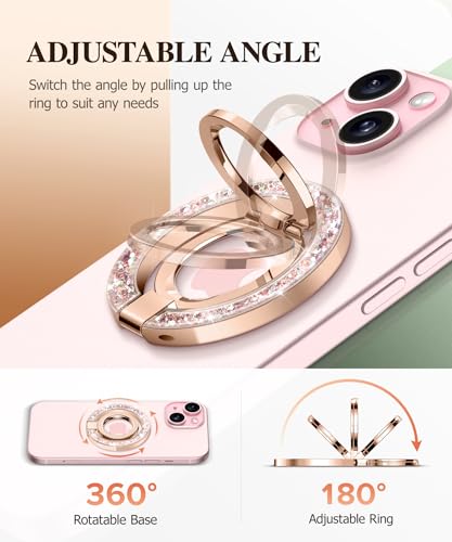 GVIEWIN Magnetic Phone Ring Holder, Compatible with MagSafe Phone Grip | Adjustable Stand, Magnet Phone Ring Kickstand, for iPhone 17/16/15/14/13/12 Pro Max Plus Air/Other Phones (Glitter/Pink Gold) - color: Glitter/Pink Gold