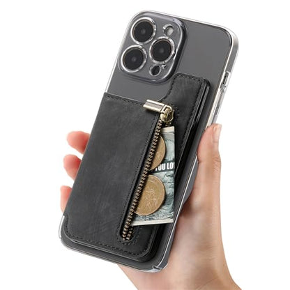 Wallet Stick on Phone Case, Credit Card Holder for Back of Phone Cases Retro Flip Leather Zipper Sleeve Pouch Compatible with iPhone, Samsung Galaxy Android Most Smartphones Black - color: Black