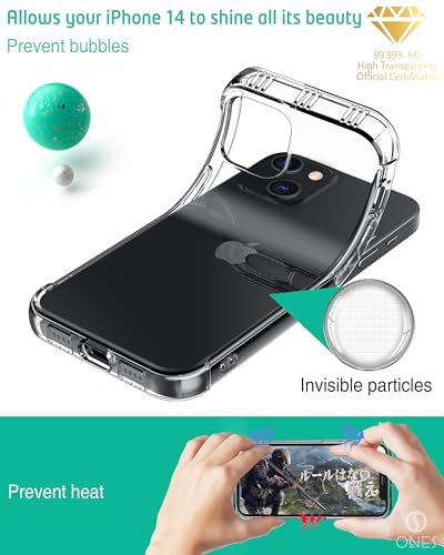ONES Case for iPhone 14 Clear Transparent Slim Thin Case - Soft TPU Silicone Bumper with Military Drop Protection, Shockproof Airbags & Yellowing Resistant - color: HD High Transparency, size: iPhone 14
