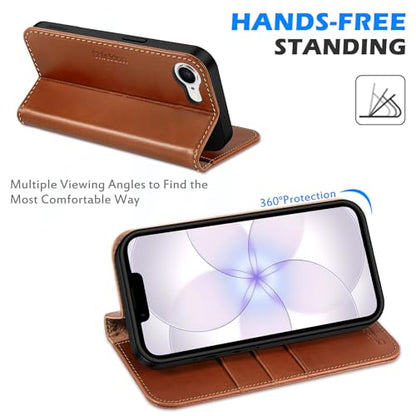 SHIELDON Genuine Leather Wallet Case for iPhone 17e/16e 6.1", Retro Brown | Magnetic Closure, RFID Blocking, Credit Card Holder, Viewing Stand, Folio Design, Shockproof Protective Cover - color: Retro Brown