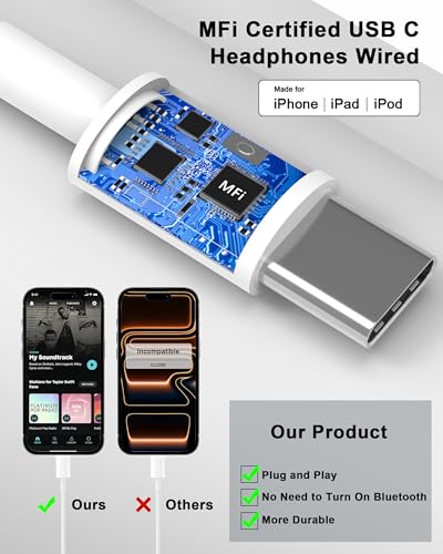 [Apple MFi Certified] USB C Headphones Wired for iPhone 17 16 15 Pro Max - color: Off-white
