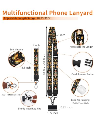 Butterfly Moon Mushroom Cell Phone Lanyard Crossbody Wrist Strap - color: Butterfly Moon Mushroom