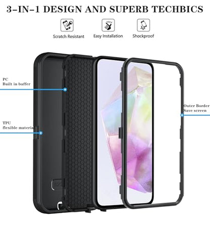 Qinmay Phone Case for Samsung Galaxy A37 5G Case with HD Screen Protector, Heavy Duty Shockproof & Dropproof 3-Layer Cover Phone Case for Galaxy A37,Black - color: Black