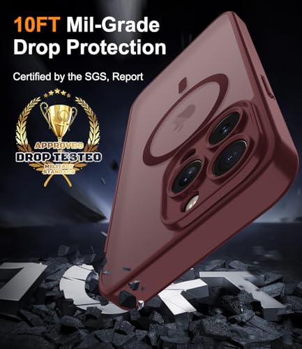 Magnetic Case for iPhone 16 Pro Case with Screen Protector+Wrist Strap | Compatible with MagSafe,Full Camera Protection,Slim Translucent Matte Phone Cover,Wine Red - color: Wine Red