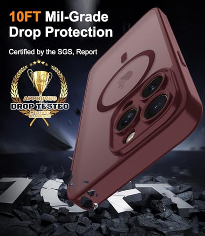 Magnetic Case for iPhone 16 Pro Case with Screen Protector+Wrist Strap | Compatible with MagSafe,Full Camera Protection,Slim Translucent Matte Phone Cover,Wine Red - color: Wine Red