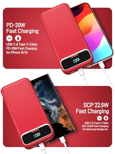 Nusyddy Portable Charger 20000mAh Fast Charging w/Built-in Wall Plug Red - color: Crimson