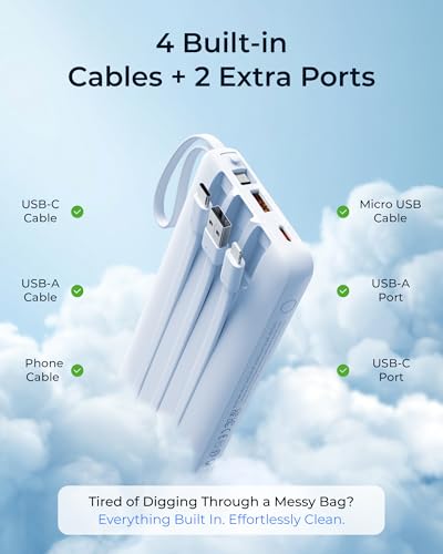 VRURC Portable Charger 4-Built-in-Cable 20000mAh Power Bank Fast Charging - color: Sky-Blue