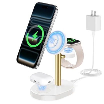 Mag-Safe Charger 3 in 1 Charging Station for iPhone Apple Watch AirPods - color: Gold&White, size: 15W
