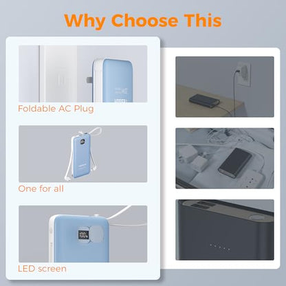 TESSAN Portable Charger with Built in Cables, 10000mAh Power Bank Wall Plug - color: Blue