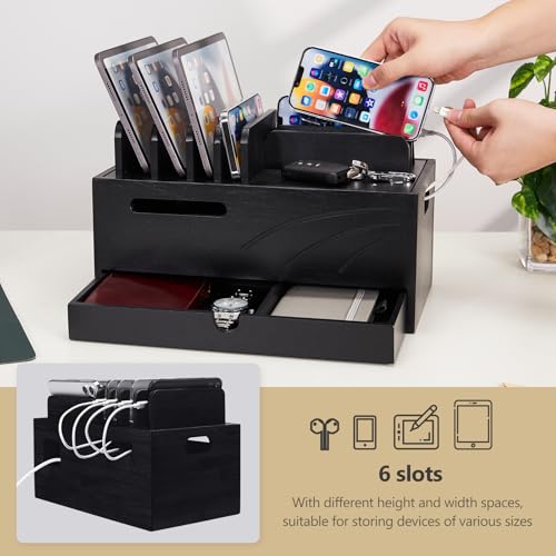 Homde Bamboo Charging Station Organizer: 6 Compartments and Drawer - color: Black