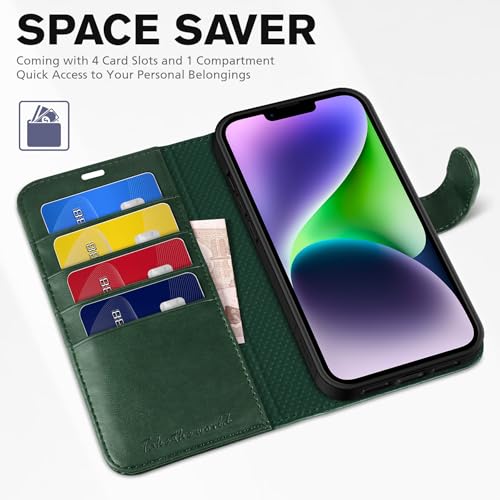 TUCCH Wallet Case for iPhone 14 (6.1") 2022, Flip Stand, Midnight Green | RFID Blocking, 4 Card Holders, Kickstand, PU Leather, Shockproof TPU Shell, Magnetic Closure, Protective Folio Cover - color: Midnight Green