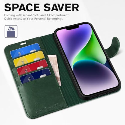 TUCCH Wallet Case for iPhone 14 (6.1") 2022, Flip Stand, Midnight Green | RFID Blocking, 4 Card Holders, Kickstand, PU Leather, Shockproof TPU Shell, Magnetic Closure, Protective Folio Cover - color: Midnight Green