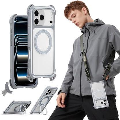 MAGEASY Odyssey Ultra MagSafe 360° Magnetic Stand iPhone 17 Pro Max Crossbody Case with Strap for Men, 25ft Shockproof TPU + Aluminum Frame, Interchangeable Lanyard Eyelets (Mist w/Kickstand) - color: Mist w/ Kickstand, size: iPhone 17 Pro Max