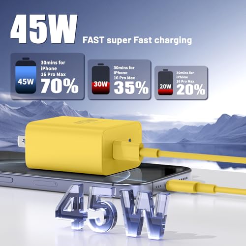 QZIIW iPhone 17 16 15 Pro Max Fast Charger,45W Dual Port USB C Fast Charger - color: Yellow, size: 3FT+6FT+10FT+10FT