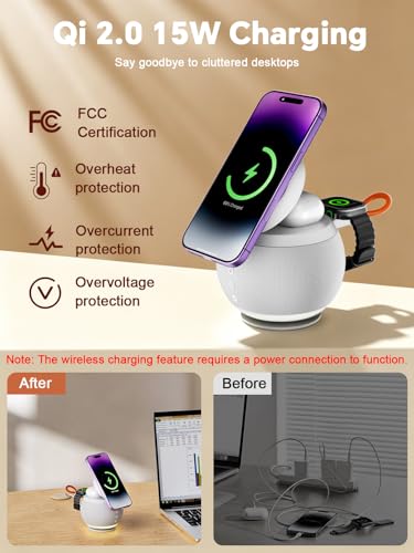 Bluetooth Speaker with Wireless Charging Stand, Brown, White - color: White