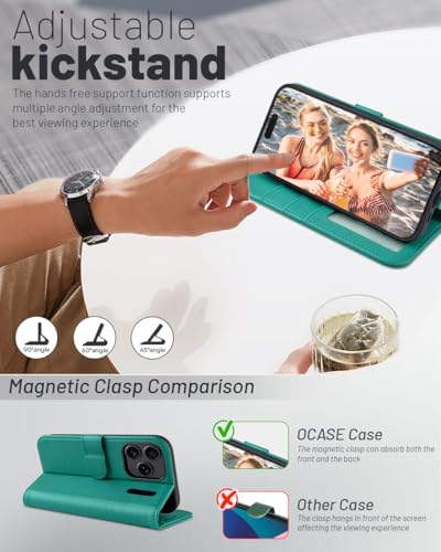 OCASE Compatible with iPhone 17 Pro Wallet Case, PU Leather Flip Folio Case with Card Holders RFID Blocking Kickstand [Shockproof TPU Inner Shell] Phone Cover 6.3 Inch 2025, Blue Green - color: Blue Green