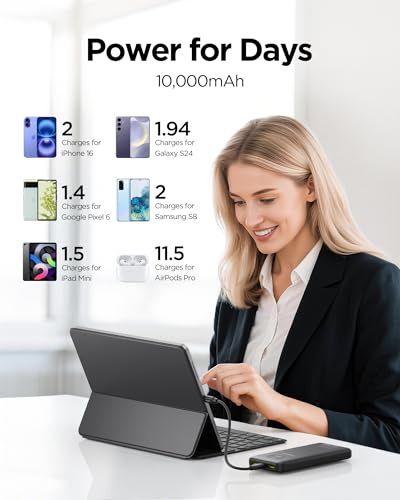 PISEN 10000mAh 3C Power Bank - 10000mAh 22.5W CCC Certified Power Bank, Travel Battery Pack 3C Portable Charger, PD QC LED Display Travel Portable Charger 2USB-A, 1USB-C for iPhone, Samsung and More