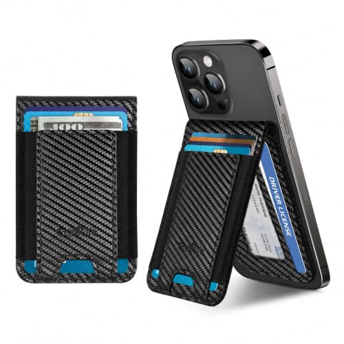 Phone Wallet Card Holder with Stand, Adhesive RFID Blocking Leather Pocket - color: Carbon Fiber Black