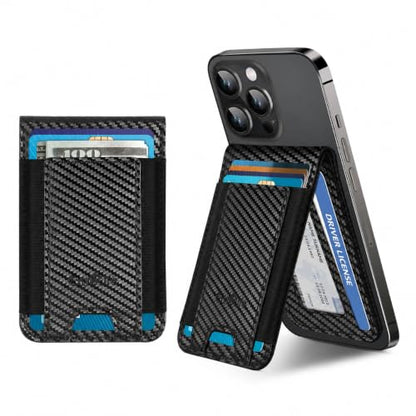 Phone Wallet Card Holder with Stand, Adhesive RFID Blocking Leather Pocket - color: Carbon Fiber Black