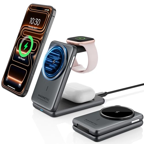 Wireless Charger for Apple, 3 in 1 MagSafe Charger Foldable Magnetic Charger for iPhone 17/16/15/14 Series, Airpods Pro 2, iWatch Series 10/9/8/7, Travel Charging Station for Apple Multiple Devices