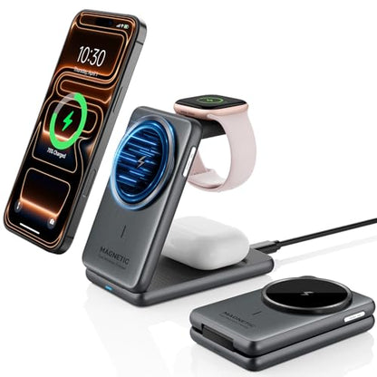Wireless Charger for Apple, 3 in 1 MagSafe Charger Foldable Magnetic Charger for iPhone 17/16/15/14 Series, Airpods Pro 2, iWatch Series 10/9/8/7, Travel Charging Station for Apple Multiple Devices