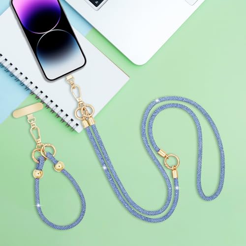 Crystal Phone Strap Crossbody and Wrist Lanyard, Anti Theft Layered & Wrist Strap Cell Phone Neck for Women - color: Light Blue Crystal