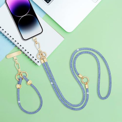 Crystal Phone Strap Crossbody and Wrist Lanyard, Anti Theft Layered & Wrist Strap Cell Phone Neck for Women - color: Light Blue Crystal
