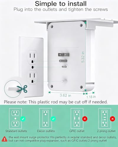Wall Outlet Extender with Surge Protector, 6 AC Outlets, with Shelf - color: White, size: 3 USB