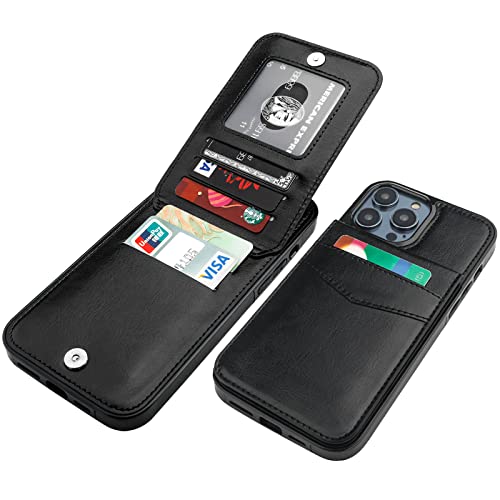 KIHUWEY for iPhone 14 Pro Max Wallet Case Card Holder Kickstand, Black | Credit Card Slots, PU Leather, Magnetic Clasp, Flip Heavy Duty Protection Cover for Men and Women - color: Black