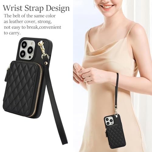 Phone Case for iPhone 14 Pro 6.1 inch Wallet Cell Cover with Tempered Glass Screen Protector Wrist Crossbody Strap RFID Blocking Card Holder iPhone14Pro 5G i i-Phone i14 iPhone14 4 14Pro Women Black - color: Black