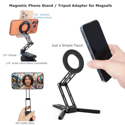 Ruittos for Magsafe Phone Stand & Tripod Adapter, Aluminum iPhone Mount with Arca-Swiss Base,1/4" Thread Foldable Desktop Stand & Selfie Stick Grip, Compatible with iPhone 17/16...Andriod