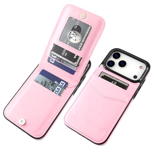 KIHUWEY for iPhone 17 Pro Max Wallet Case Card Holder Kickstand, Pink | Credit Card Slots, PU Leather, Magnetic Clasp, Flip Heavy Duty Protection Cover for Men - color: Pink