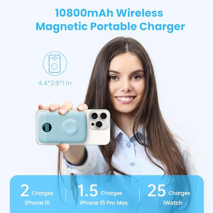 Magnetic Portable Charger with Apple-Watch Charger,10800mAh 25W PD Fast Charging Wireless Power Bank,4 Outputs Travel Essential for Magsafe Battery Pack Compatible with iPhone 17/16/15/14/13/12 Series - color: Sky Blue