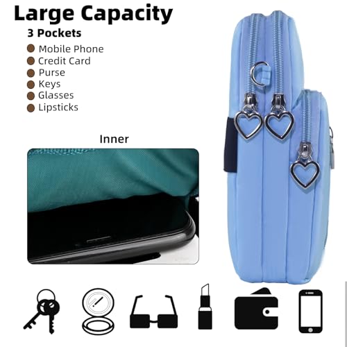 Small Crossbody Bag for Women, Multi Zip Pockets Nylon Wallet Purse Credit Card Holder with Detachable Hand Strap - color: Lightblue