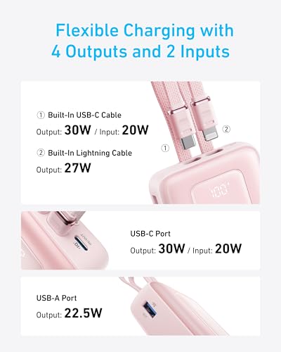 Anker Power Bank,20,000mAh 30W Portable Charger,USB-C and Lightning Cables - color: Black