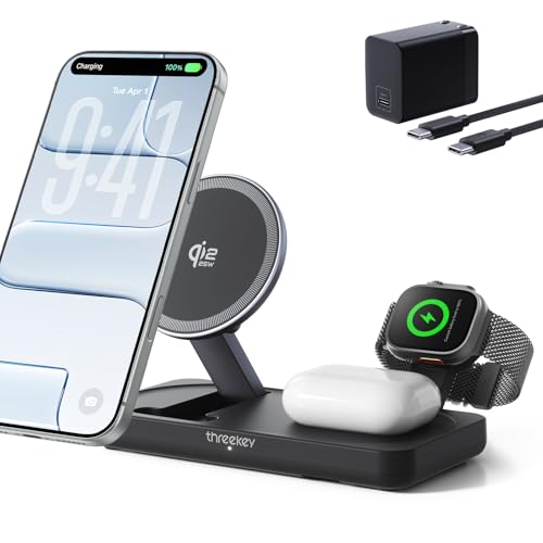 THREEKEY 3 in 1 Qi2 Wireless Charging Station, 25W Magnetic Charger with MFi-Certified Apple Watch Module for iPhone 17/16/15/14/13/12, AirPods, Pixel 10 Pro XL, 45W Adapter - color: Black