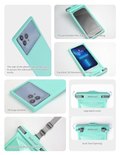 wellhouse Waterproof Phone Pouch, Waterproof Phone Case for iPhone 17 16 15 14 13 Pro Max XS Samsung, IPX8 3D Cellphone Dry Bag Beach Essentials (1 Pack - Crystal Green8.0, 8 inch) - color: 1 Pack - Crystal Green8.0"
