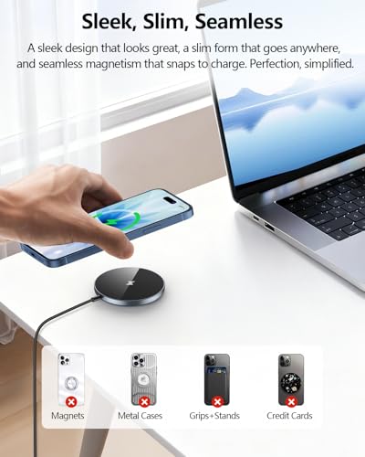 NANAMI Magnetic Fast Wireless Charger Pad with 20W PD Adapter,for MagSafe iPhone 17/16/15/14/13/12 Series & AirPods 3/2/Pro 2,Non-Slip Base & Strong Magnetic Alignment for Desk and Office Use(Black) - color: Classic Black