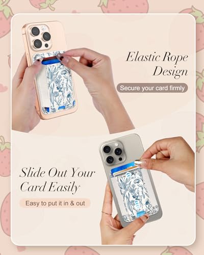 Compatible with Magsafe Wallet Magnetic Card Holder - for Women Leather Phone Wallet Fits 7 Cards Slim RFID Card Holder for iPhone 16/15/14/13/12 for Samsung S25 Ultra/S24 Ultra, Blue Flowers - style: White Blue Flowers