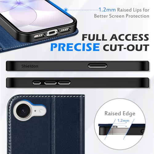 SHIELDON Real Leather Case Wallet for iPhone 17e/16e 6.1", Retro Dark Blue | Magnetic Closure, RFID Blocking, Credit Card Slot, Kickstand, Flip Book Design, Soft Shockproof Phone Cover - color: Retro Dark Blue