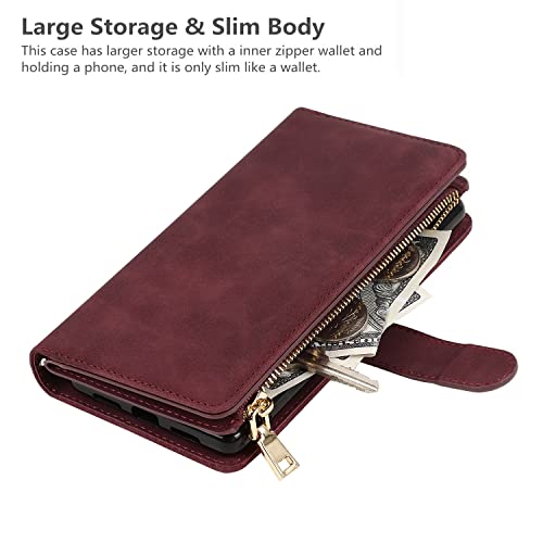iCoverCase for Samsung Galaxy S23 Wallet Case with Card Holder, Kickstand Feature PU Leather Case with Adjustable Crossbody Lanyard Magnetic Clasp Zipper Pocket Flip Cover (Claret) - color: Claret, size: Galaxy S23