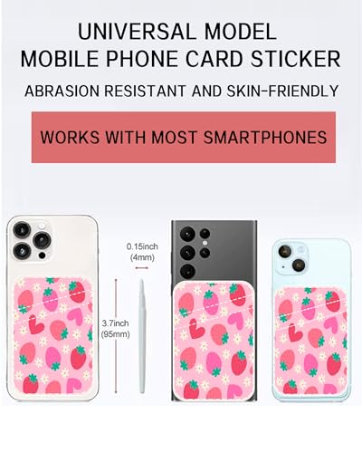 Dual Pocket Leather Phone Wallet Adhesive Stick On, Cute Strawberry Card Holder - color: Cute Strawberry