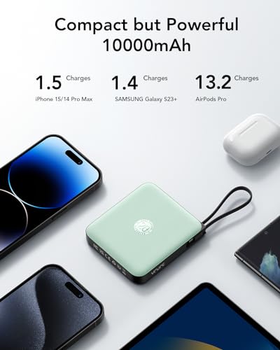 VRURC Portable Charger with Built-in Cable, 10000mAh 22.5W Fast Charging USB C Battery Pack, Cell Phone Power Bank for iPhone 17 16 15 Series Android Tablet (Green) - color: Green