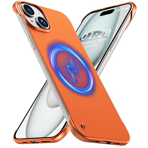 GRECAZO Magnetic Frosted Frameless Case for iPhone 15 Plus, Orange | Compatible with MagSafe, Metallic Finish, Hard PC Cover, Ultra Thin Lightweight Minimalist Borderless, Slim Fit, 6.7-Inch - color: Orange, size: iPhone 15 Plus