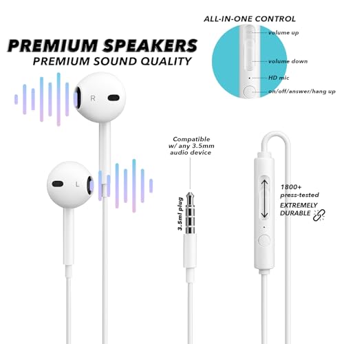 Wired Earbuds with Microphone, 3.5mm in‑Ear Headphones with Inline Volume Control, Plug‑in Earphones for Laptops, Tablets, and Phones – White