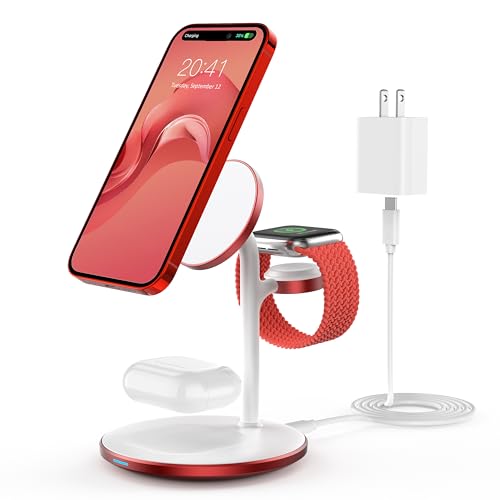 3 in 1 Magnetic Wireless Charging Station for Apple Devices,15W for Magsafe - color: Red